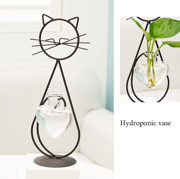 Iron Cat Stand with Heart Glass Propagation Vase, view 5
