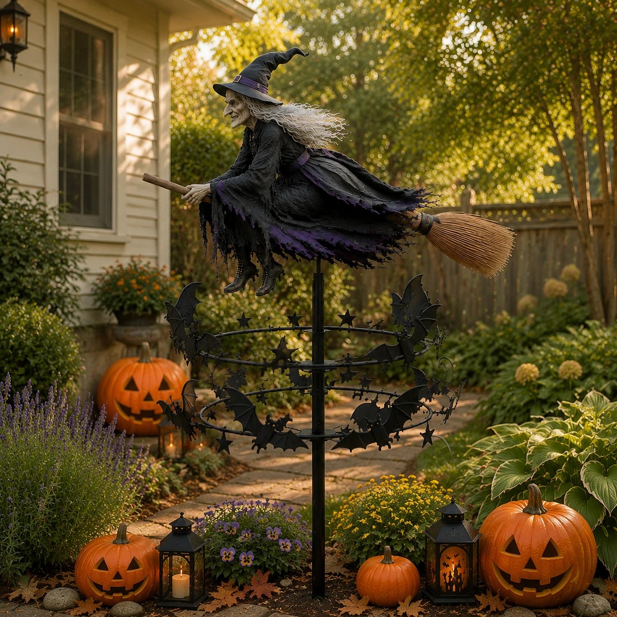 Flying Witch Wind Spinner Garden Stake with Bats, view 6
