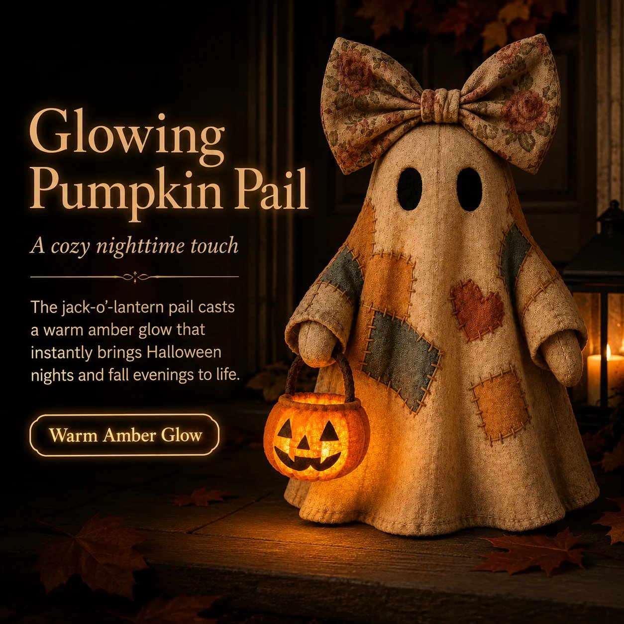 Halloween Patchwork Ghost Lamp with Pumpkin Lantern, view 4