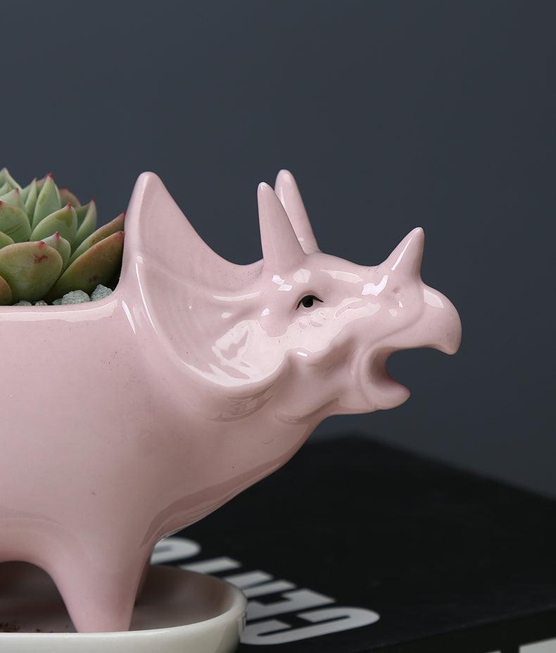 Triceratops Ceramic Succulent Planter with Drainage Tray, view 6