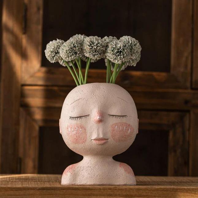 Sleeping Face Resin Planter with Drainage Holes, view 7