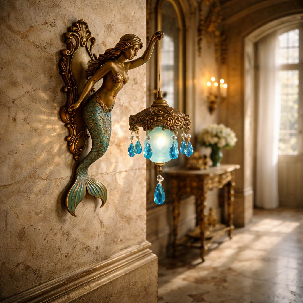 Mermaid Wall Sconce Lamp, Battery Powered Resin, view 4