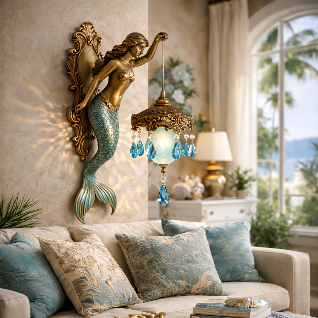 Mermaid Wall Sconce Lamp, Battery Powered Resin, view 6