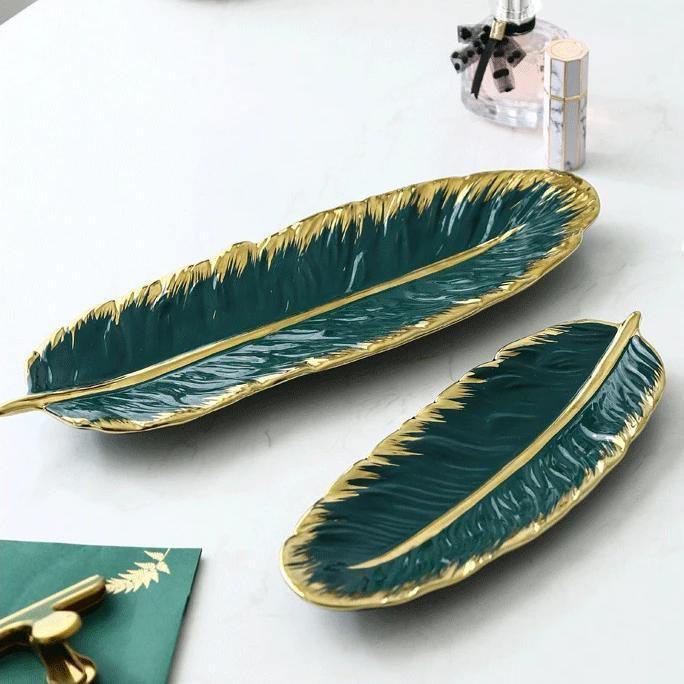 Leaf Shaped Ceramic Platters with Gold Rim, view 2