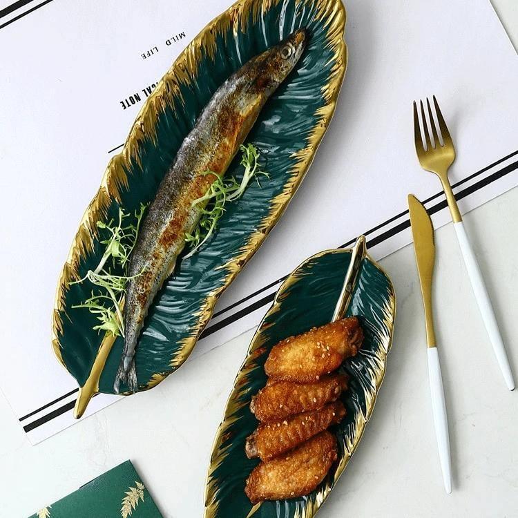 Leaf Shaped Ceramic Platters with Gold Rim, view 9