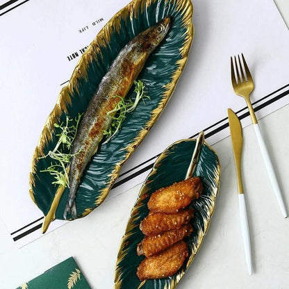 Leaf Shaped Ceramic Platters with Gold Rim, view 9