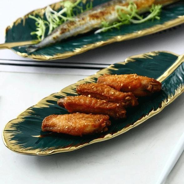 Leaf Shaped Ceramic Platters with Gold Rim, view 10