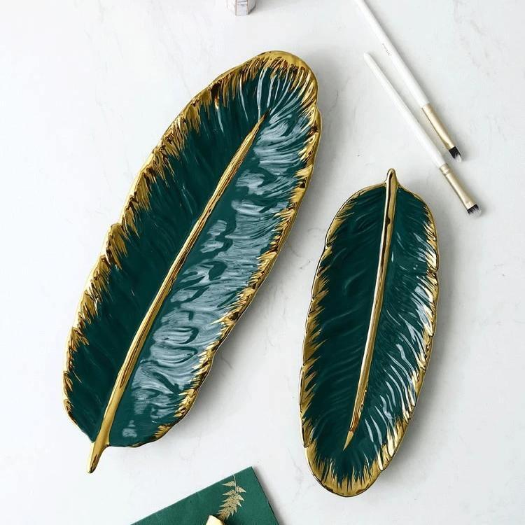 Leaf Shaped Ceramic Platters with Gold Rim, view 14