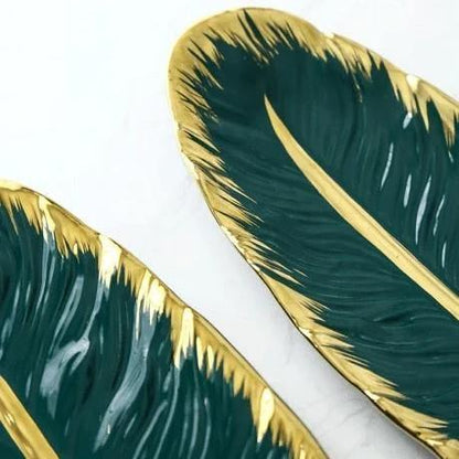 Leaf Shaped Ceramic Platters with Gold Rim, view 15