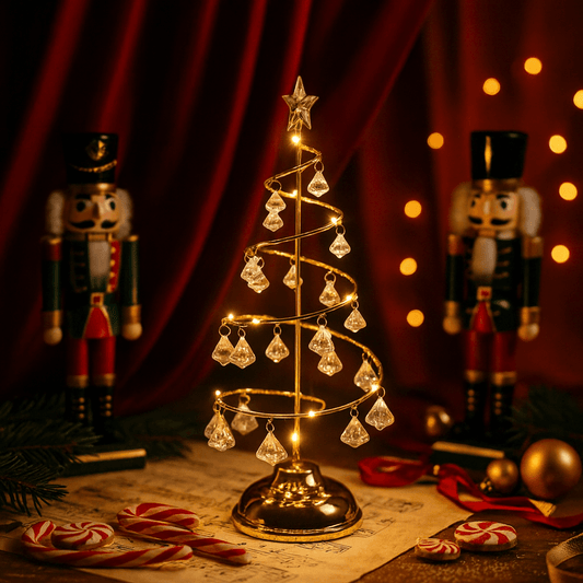 Gold Spiral LED Tree Lamp with Crystal Drops, 13.7 in