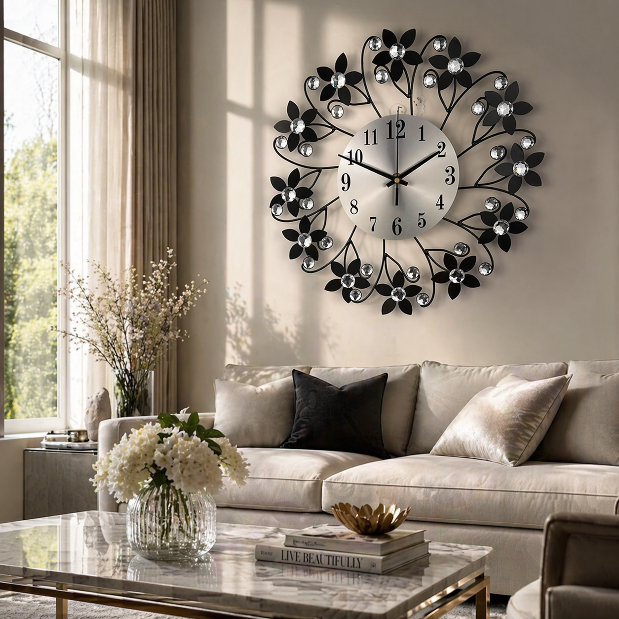 Floral Metal Wall Clock with Crystal Accents, view 3