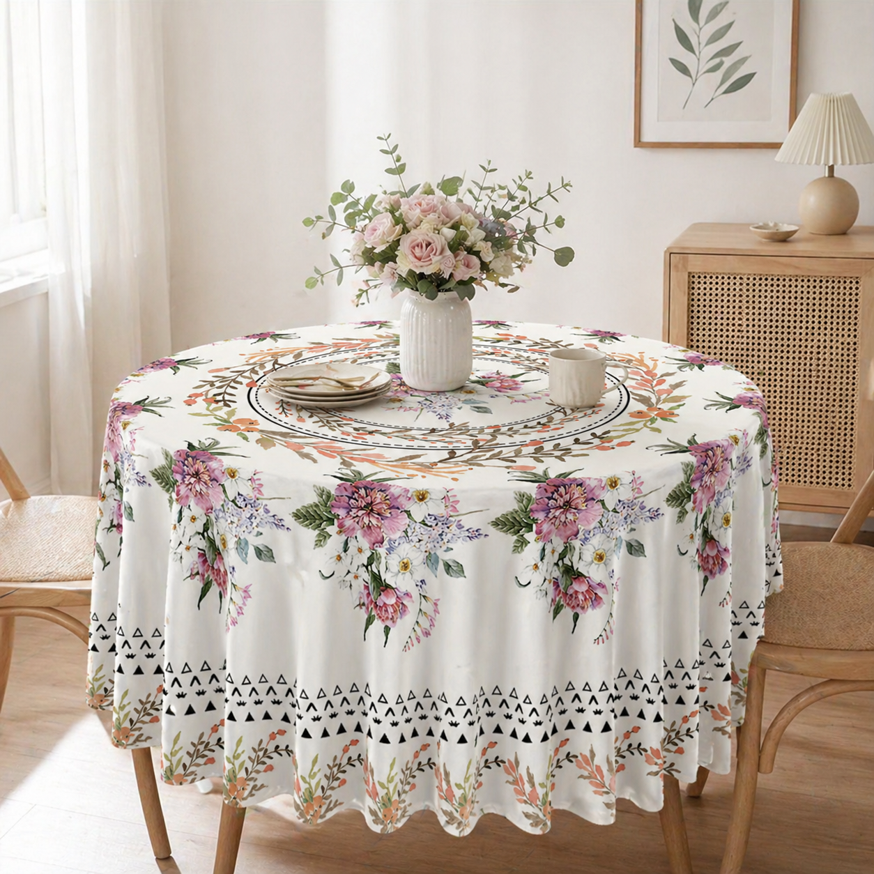 Floral Print Polyester Tablecloth, Spill Resistant