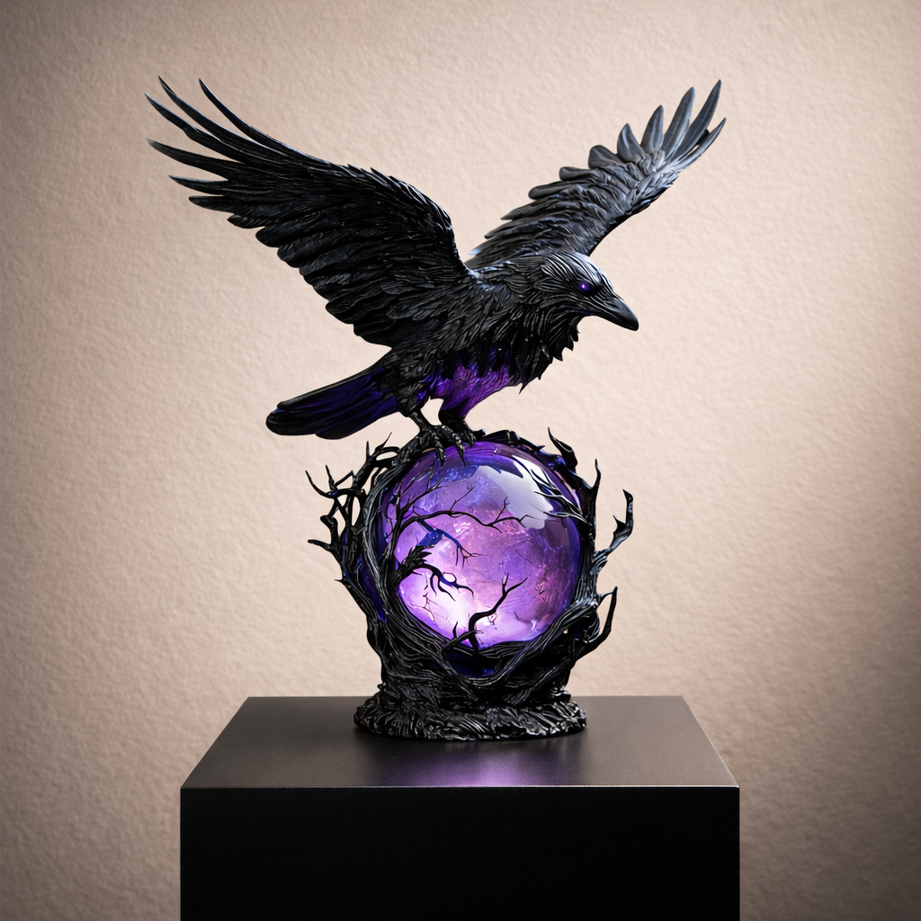 Gothic Raven Orb Accent Lamp in Black Resin