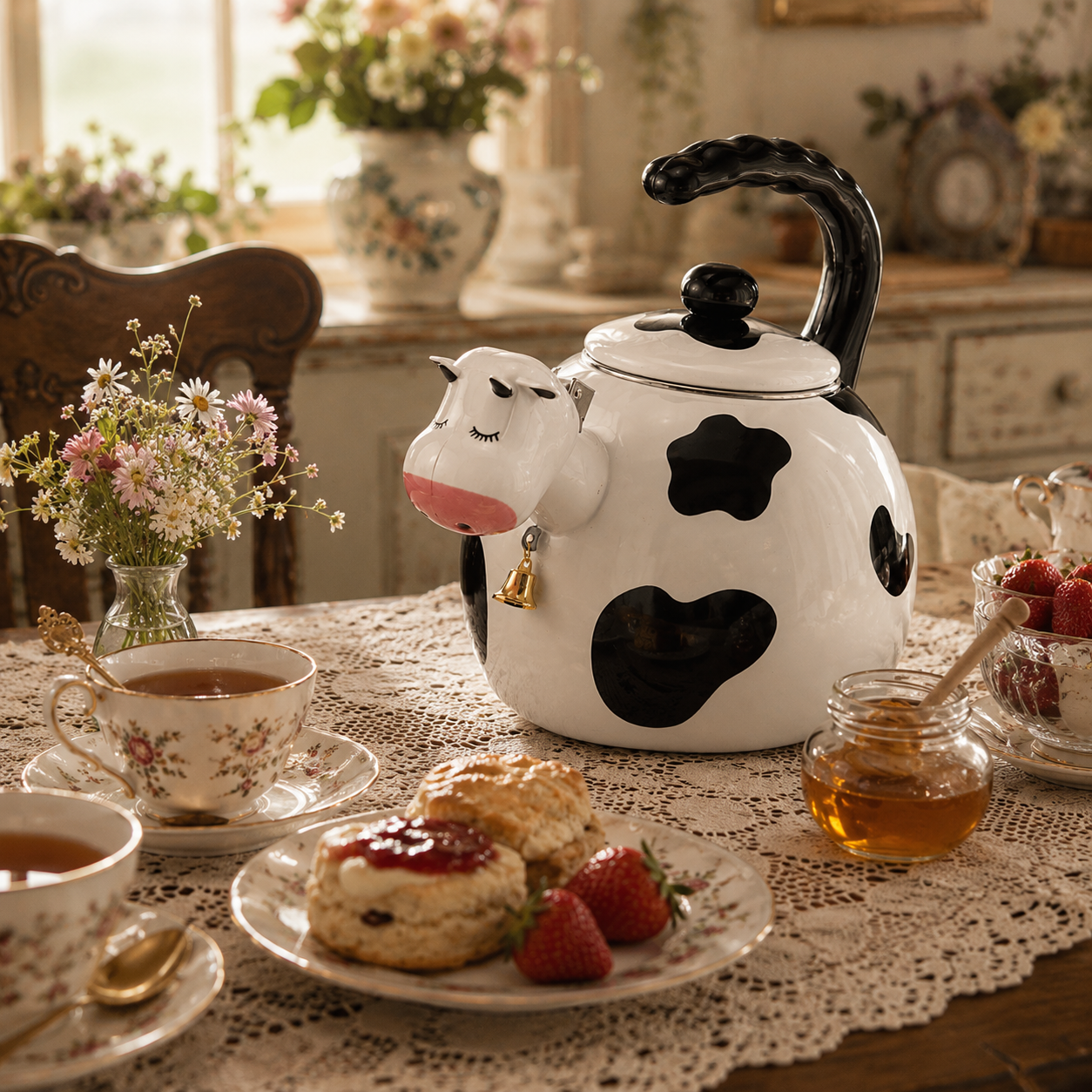 Cow Face Enamel Stovetop Tea Kettle with Bell, view 3