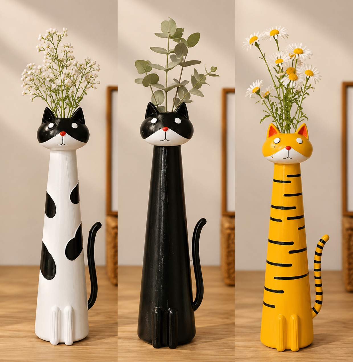 Hand Painted Cat Vase in Glazed Ceramic, 7.8 in