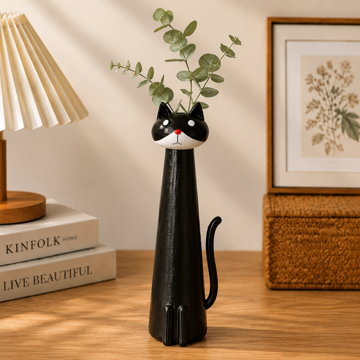 Hand Painted Cat Vase in Glazed Ceramic, 7.8 in, view 4