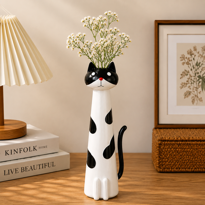 Hand Painted Cat Vase in Glazed Ceramic, 7.8 in, view 2