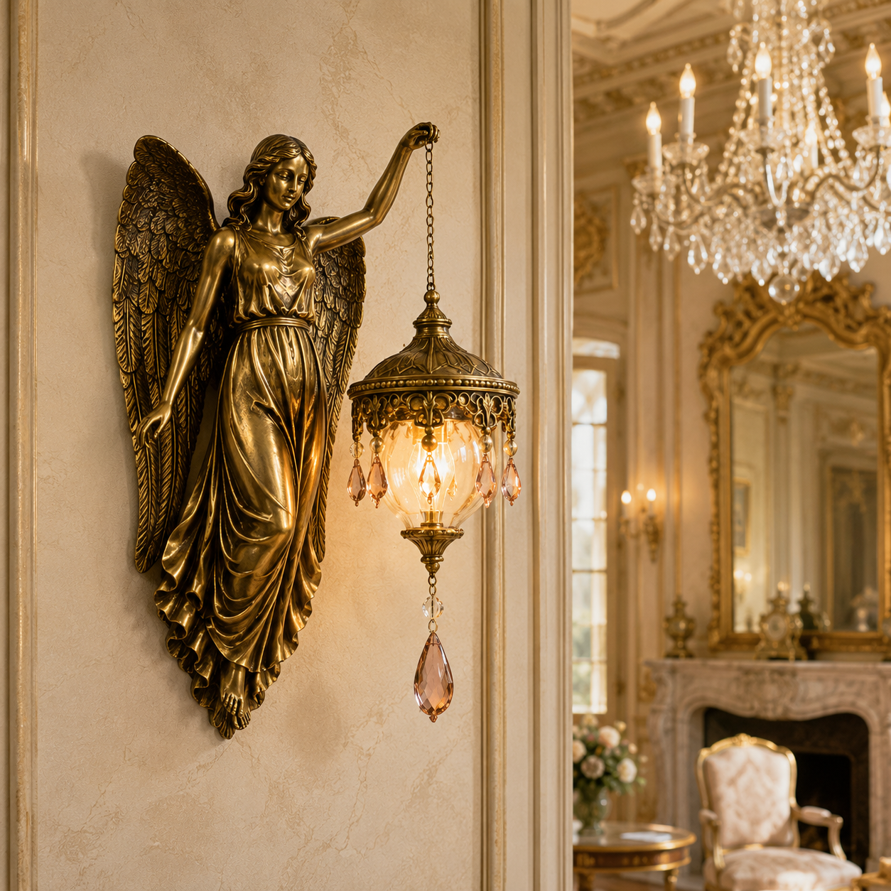 Angel Wall Lamp with Hanging Crystal Lantern, view 5