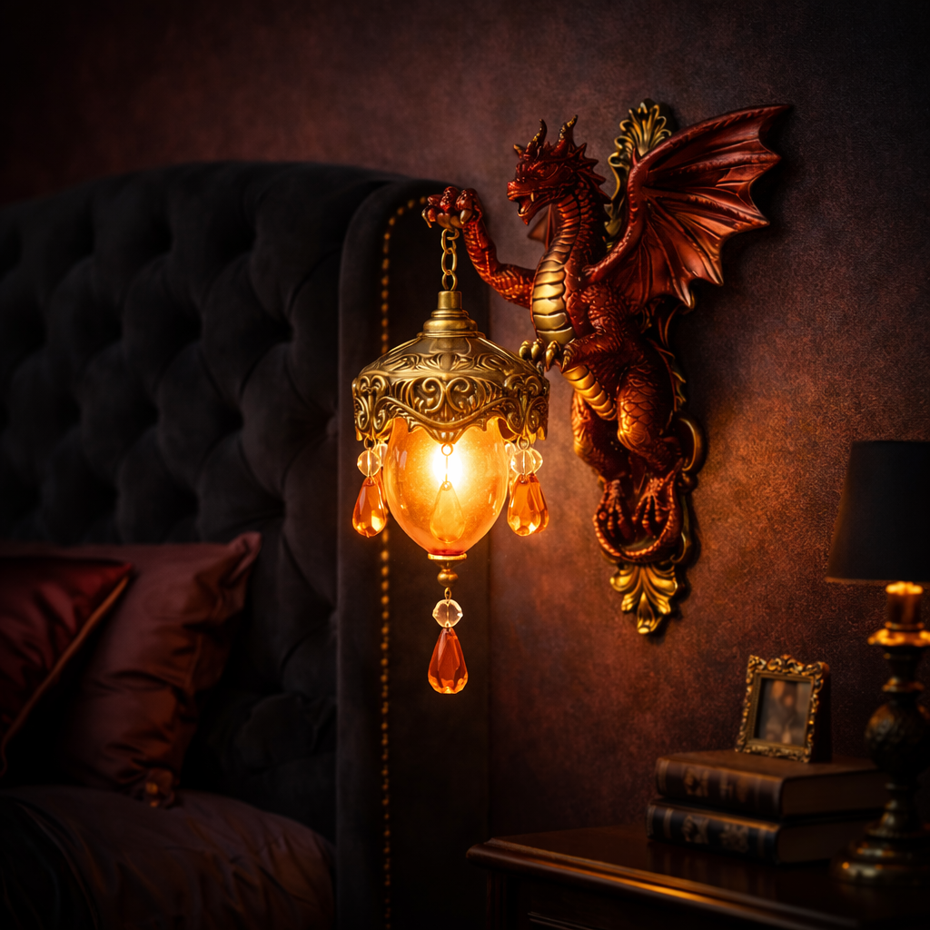 Dragon Wall Sconce Lamp with Hanging Ember Lantern, view 3
