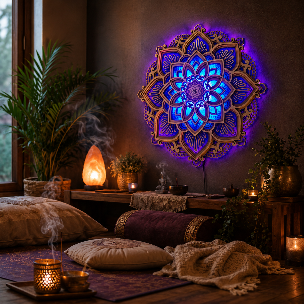 Layered Wood Mandala Wall Light, 11.8 in, USB, view 5