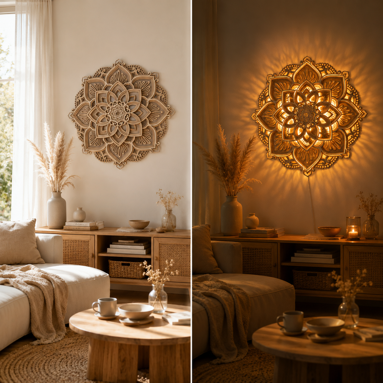 Layered Wood Mandala Wall Light, 11.8 in, USB, view 3