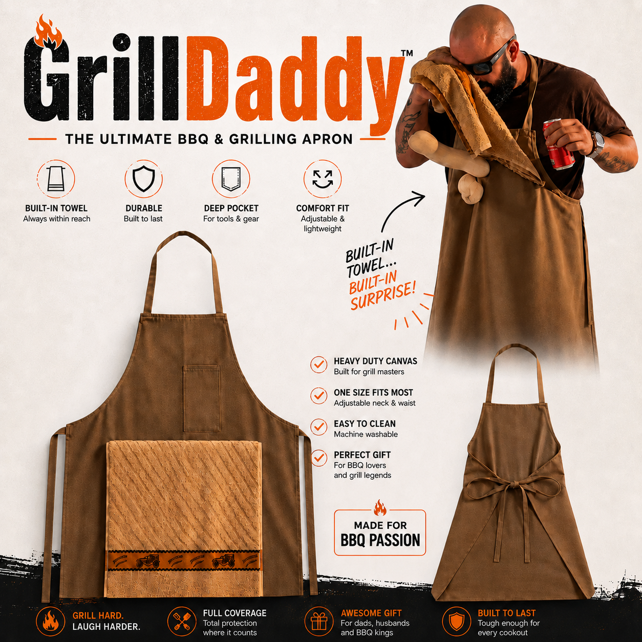 Novelty Canvas BBQ Apron with Built-In Towel, view 2
