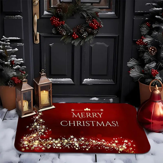 Merry Christmas Doormat, Red with Gold Star Print