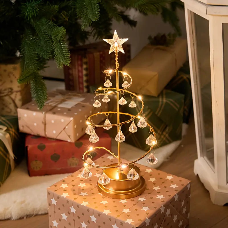 Gold Spiral LED Tree Lamp with Crystal Drops, 13.7 in, view 4