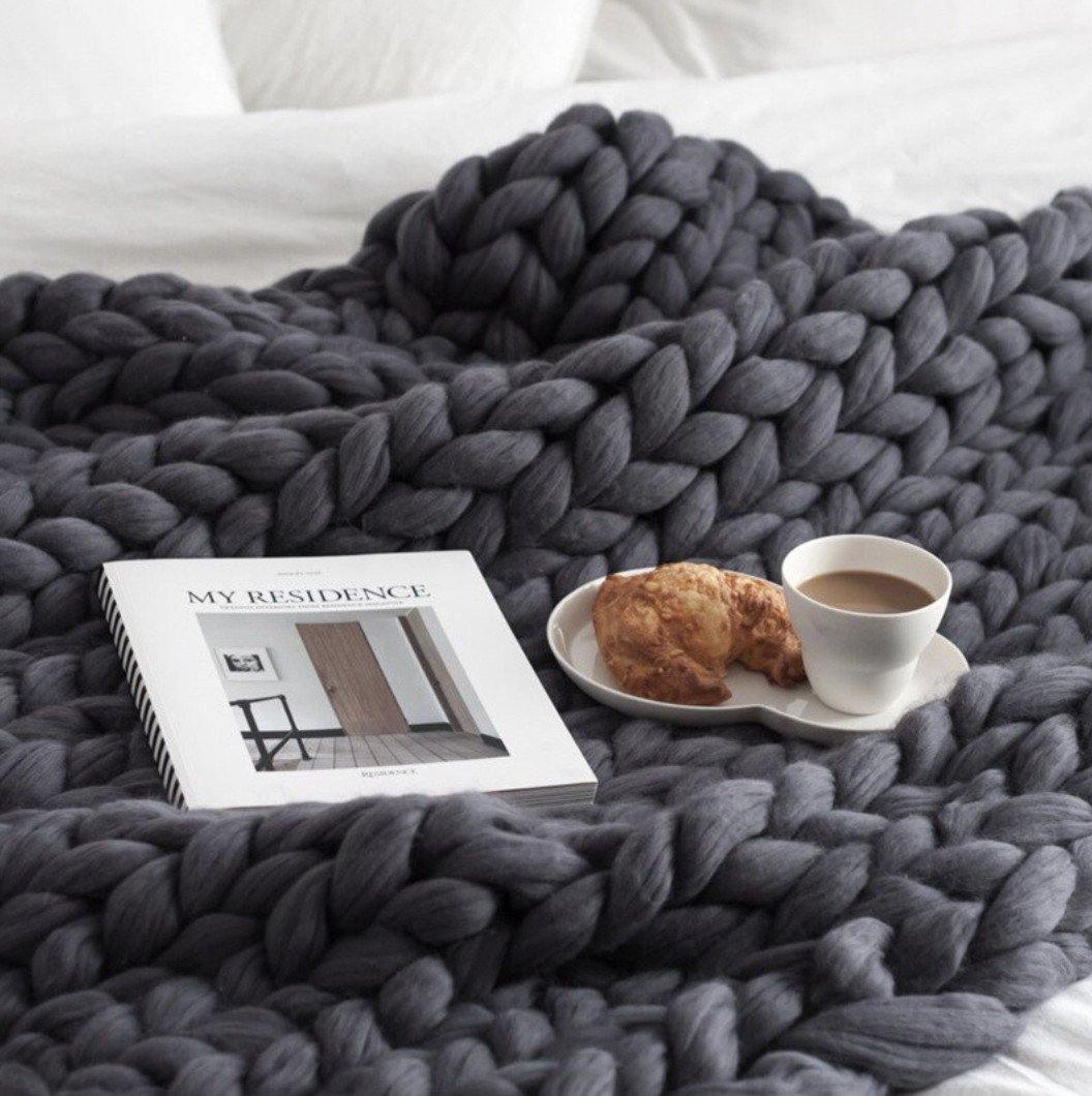 Chunky Knit Throw Blanket in Wool Acrylic Blend, view 3