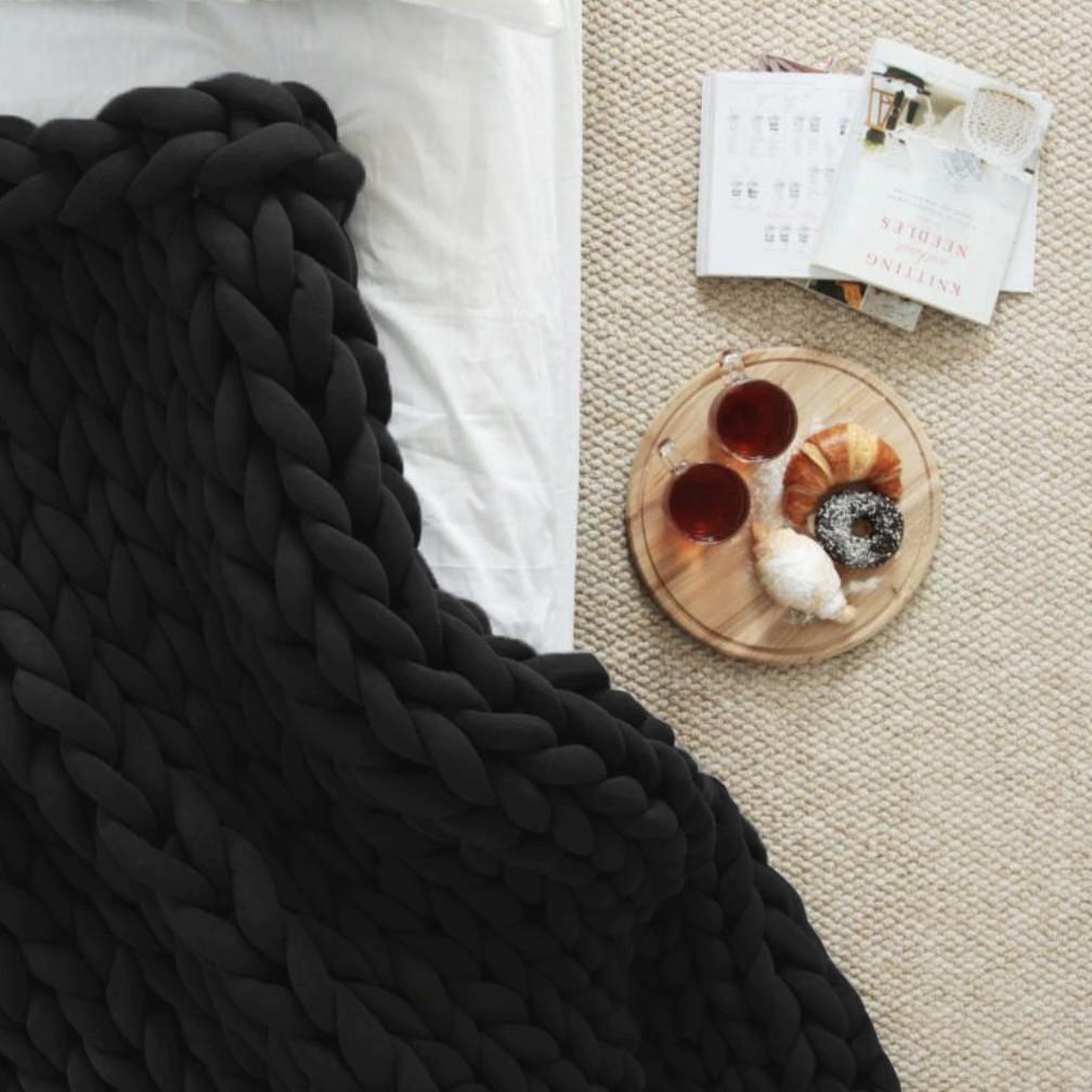 Chunky Knit Throw Blanket in Wool Acrylic Blend, view 6