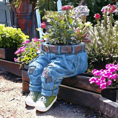 Denim Jeans Garden Planter, Sitting or Kneeling Pose, view 6