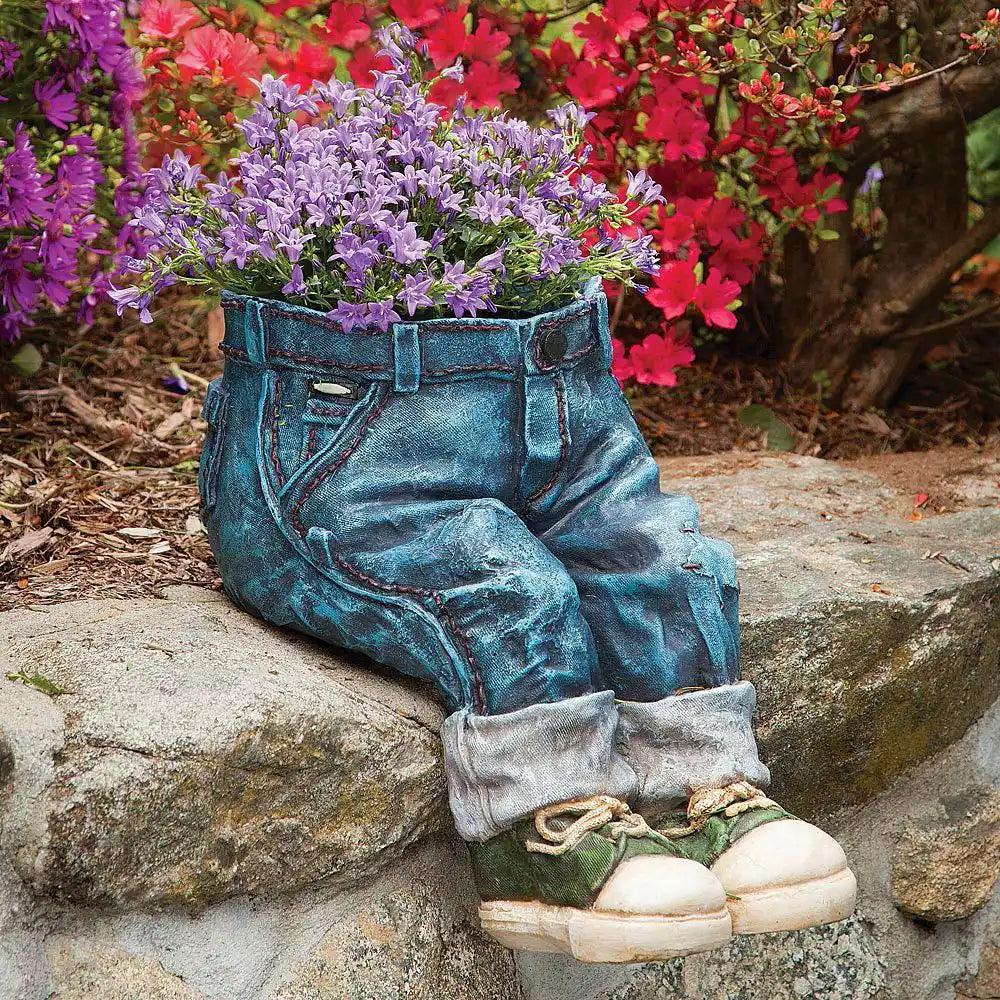 Denim Jeans Garden Planter, Sitting or Kneeling Pose