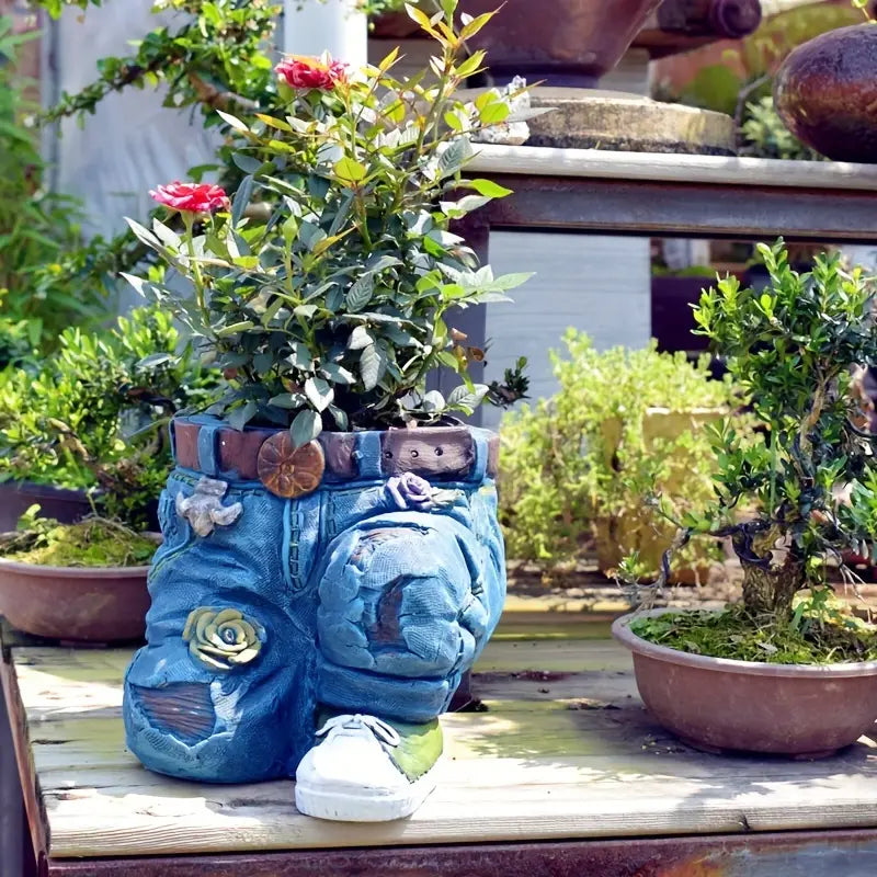 Denim Jeans Garden Planter, Sitting or Kneeling Pose, view 5