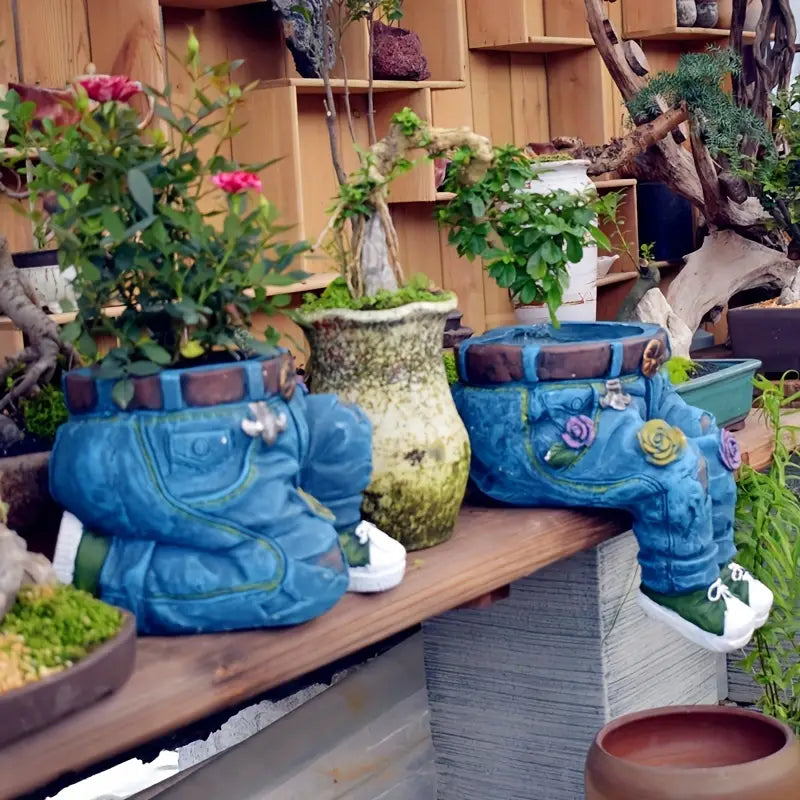 Denim Jeans Garden Planter, Sitting or Kneeling Pose, view 4