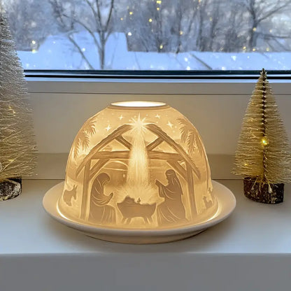 Carved Porcelain Dome Candle Holder with Relief Scene