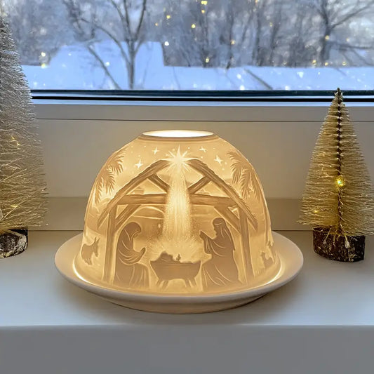 Carved Porcelain Dome Candle Holder with Relief Scene
