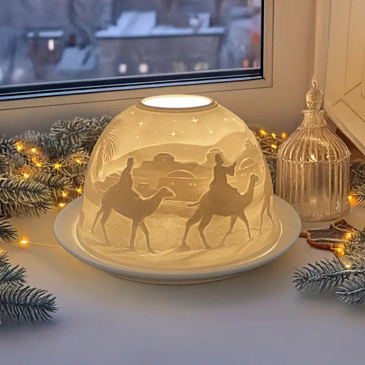 Carved Porcelain Dome Candle Holder with Relief Scene, view 2