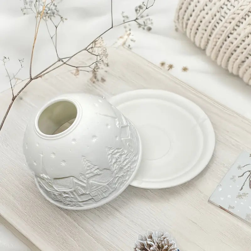 Carved Porcelain Dome Candle Holder with Relief Scene, view 9