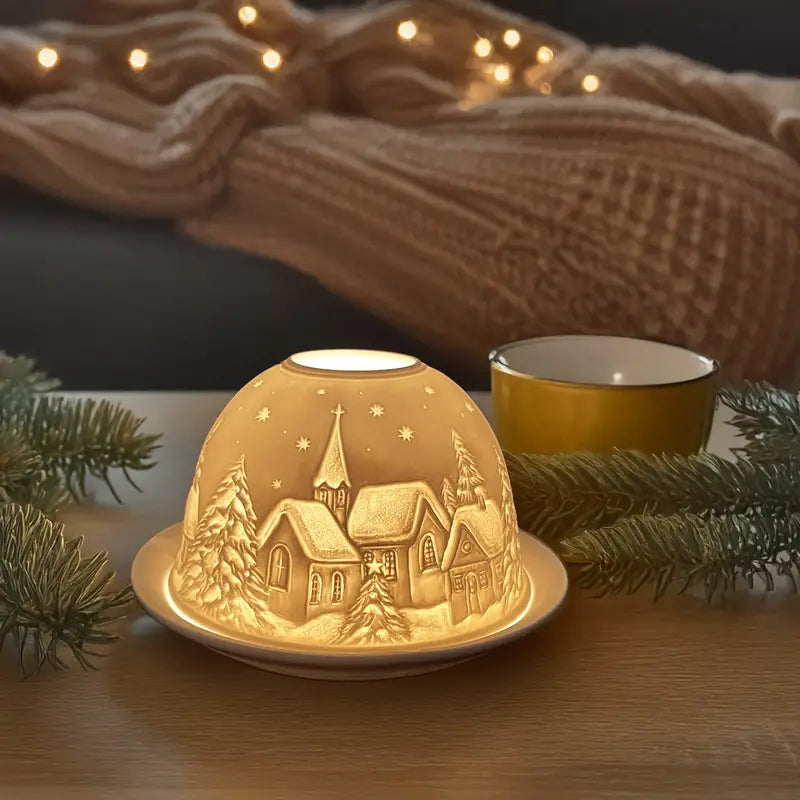 Carved Porcelain Dome Candle Holder with Relief Scene, view 3
