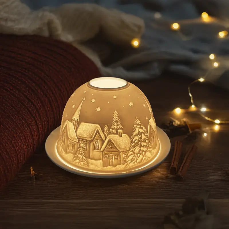 Carved Porcelain Dome Candle Holder with Relief Scene, view 5