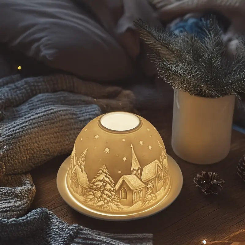Carved Porcelain Dome Candle Holder with Relief Scene, view 7
