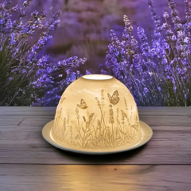 Carved Porcelain Dome Candle Holder with Relief Scene, view 4