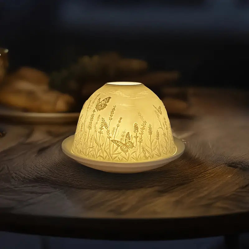 Carved Porcelain Dome Candle Holder with Relief Scene, view 6