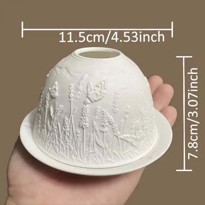 Carved Porcelain Dome Candle Holder with Relief Scene, view 10