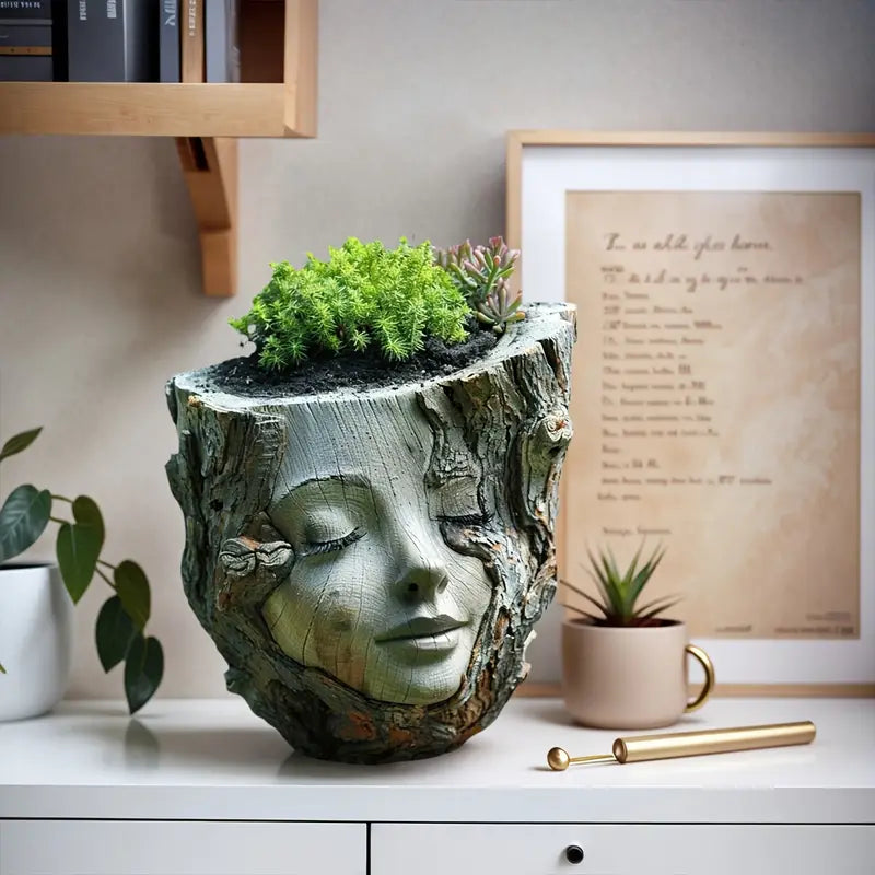 Carved Face Tree Trunk Planter for Succulents, view 3