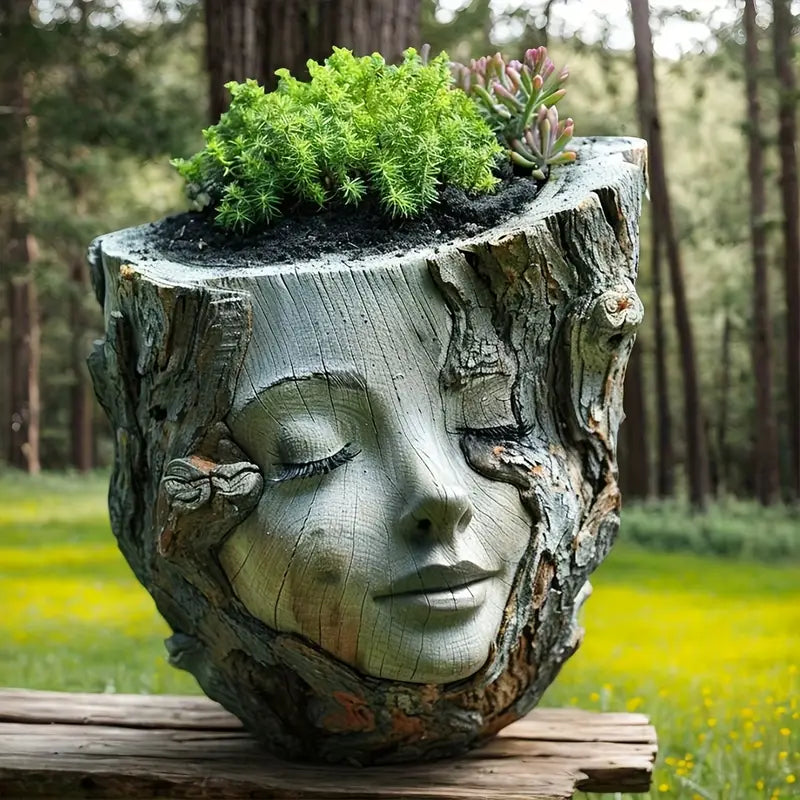 Carved Face Tree Trunk Planter for Succulents, view 4