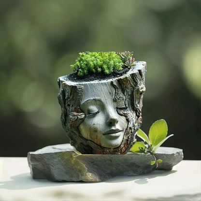 Carved Face Tree Trunk Planter for Succulents