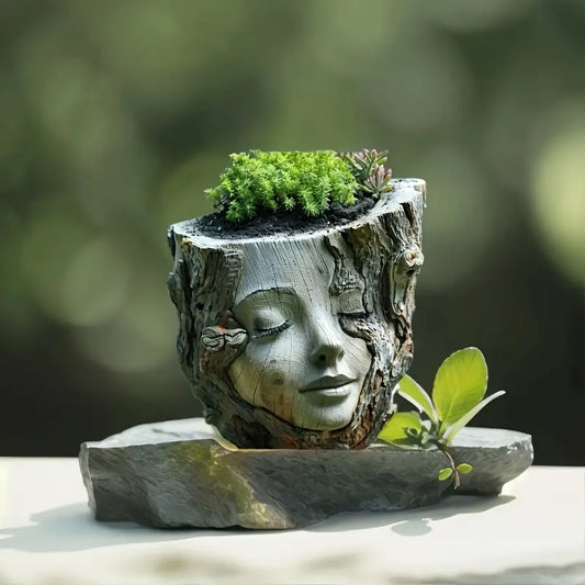 Carved Face Tree Trunk Planter for Succulents