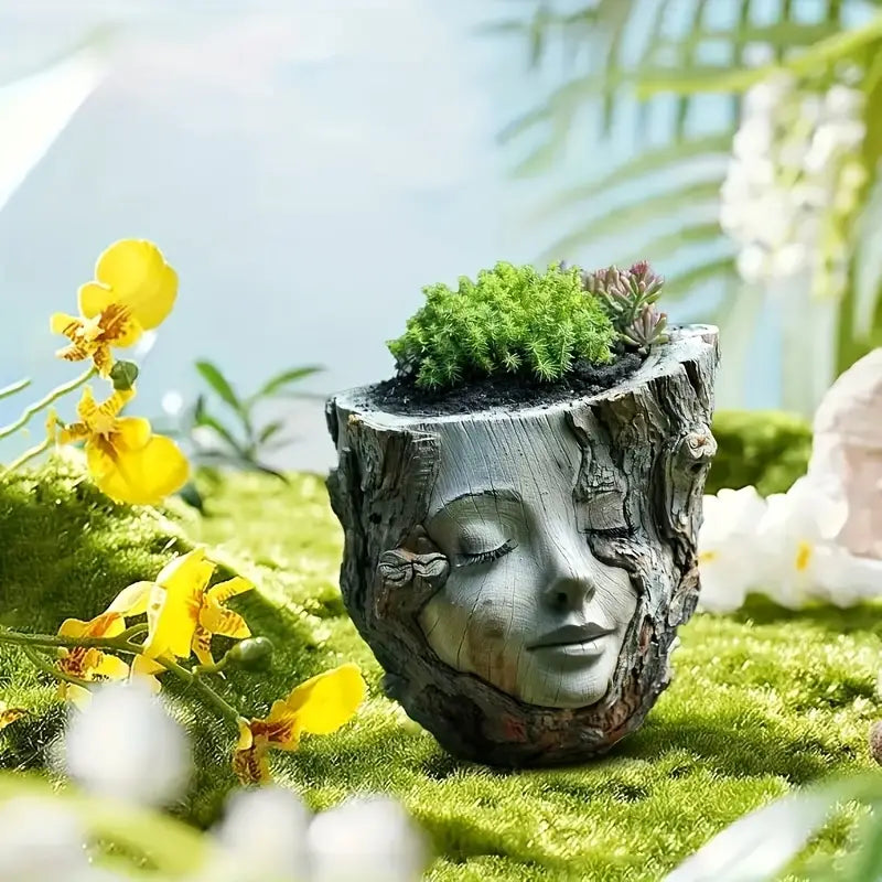 Carved Face Tree Trunk Planter for Succulents, view 2