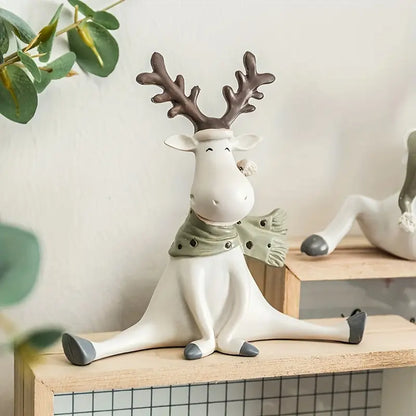 Sitting Reindeer Figurine with Scarf, Resin, 5.5 in